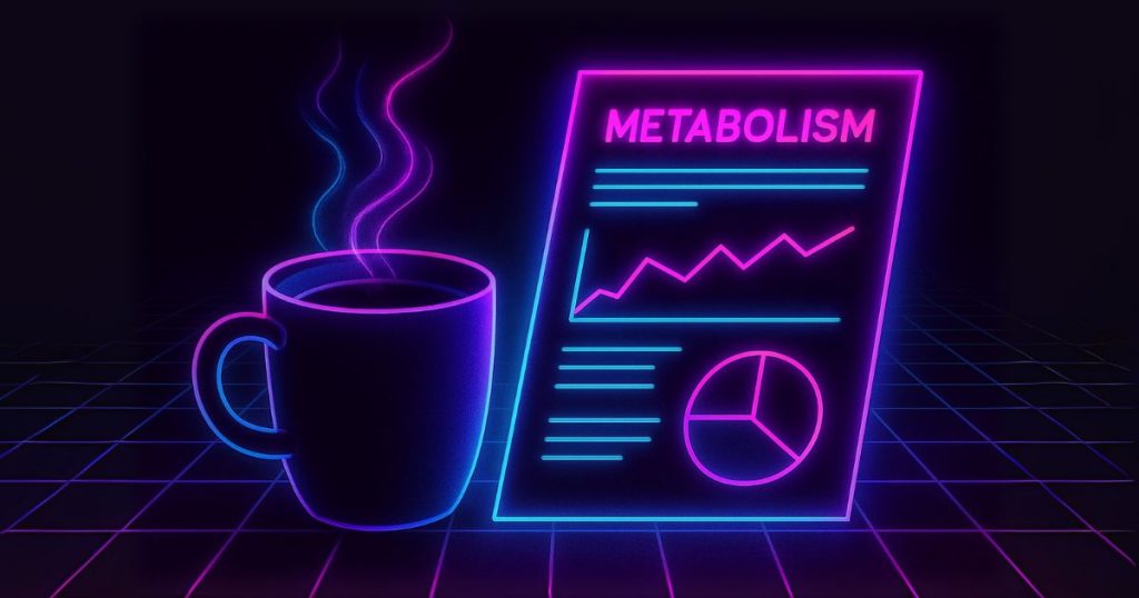 Coffee cup next to a glowing metabolism research page styled in neon colors