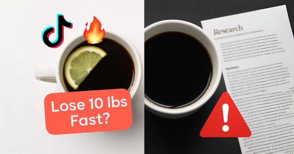 Side-by-side comparison of lemon coffee with social claims vs black coffee with research-backed facts