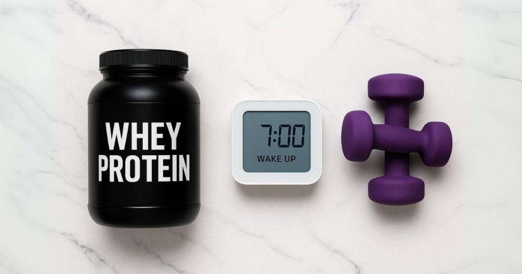 Whey protein tub, smart sleep device, and dumbbells in a modern flat lay on white surface