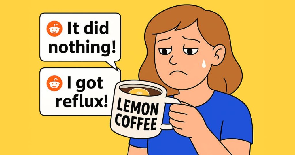 Woman frowns at lemon coffee mug, Reddit quotes float.