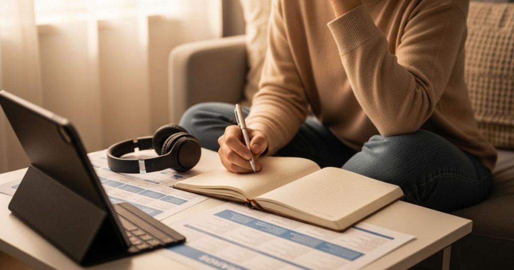 Person in calm setting reviewing options for brainwave audio programs